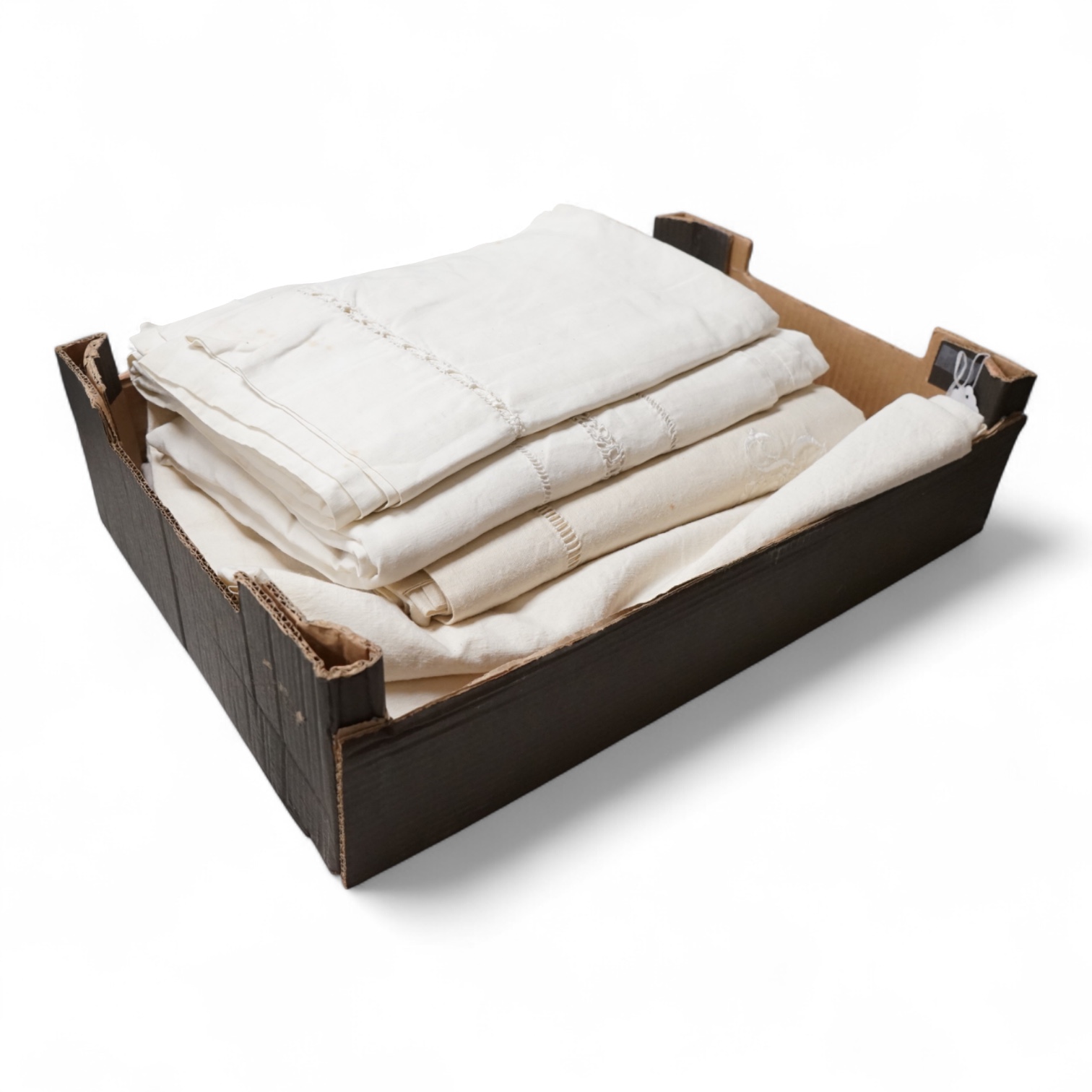 Six French provincial linen drawn thread sheets